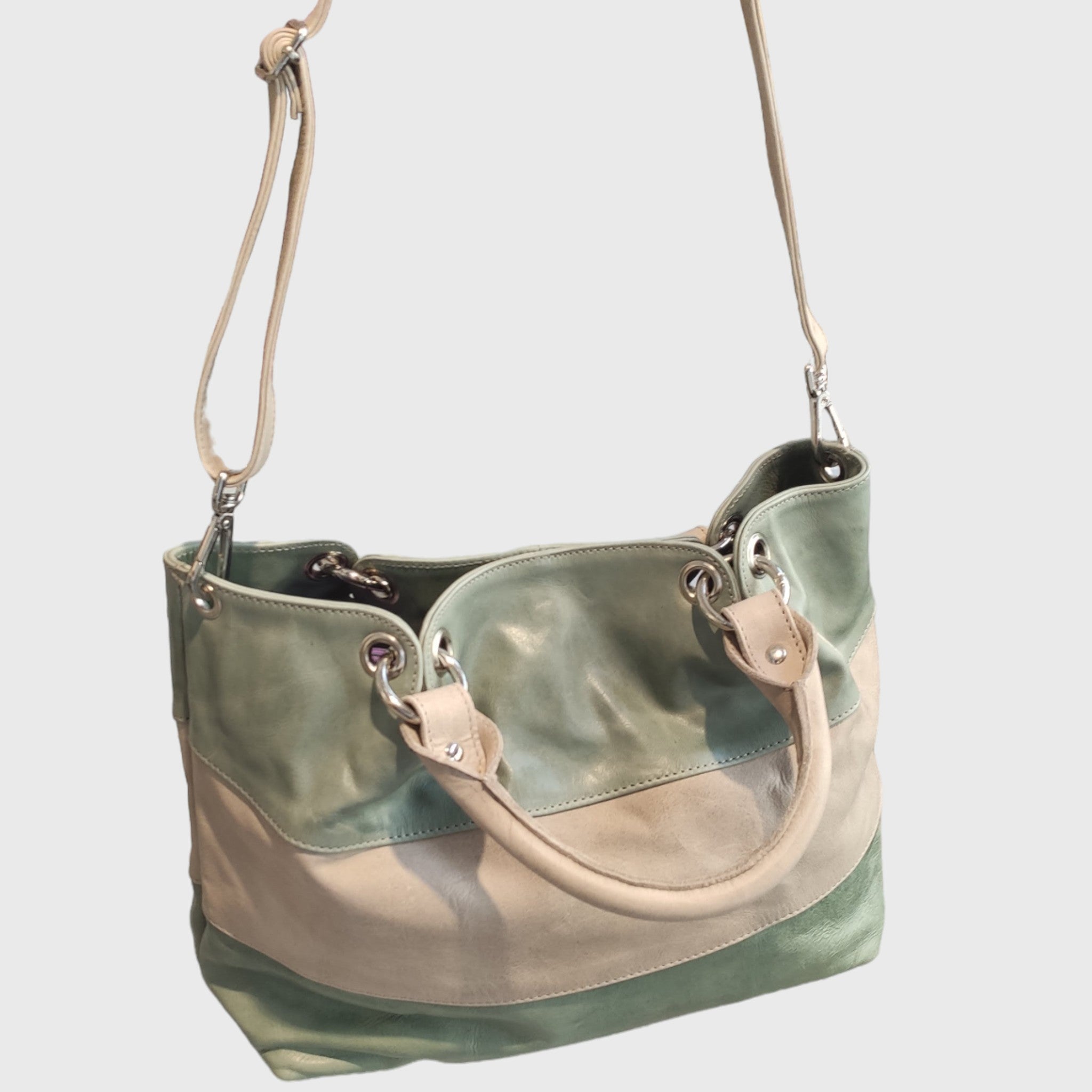 Pelletteria Pelle Nuda Milano, Artigianato italiano, Borsa donna, Vera pelle, tre fasce verde