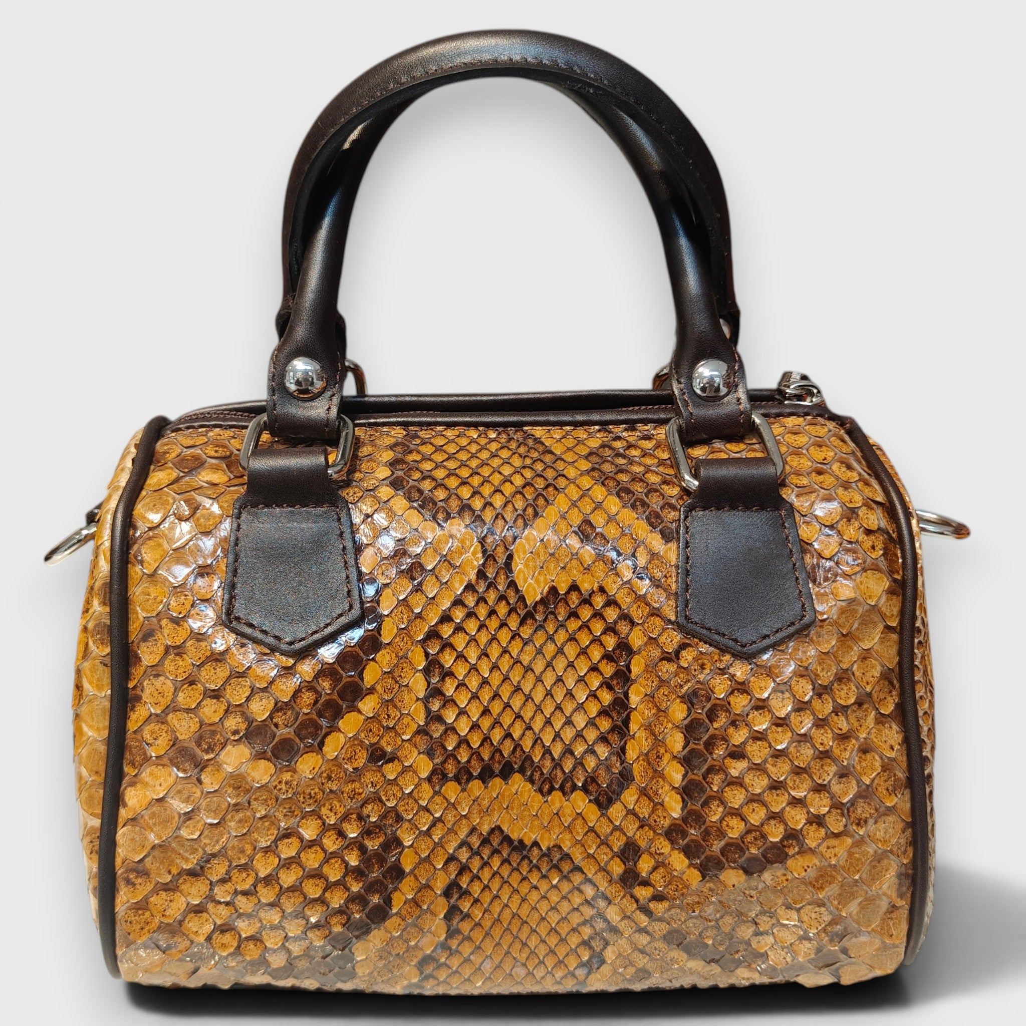Pelletteria Pelle Nuda Milano, Vera pelle italiana, Negozio borse donna, Bauletto mini pitone marrone chiaro