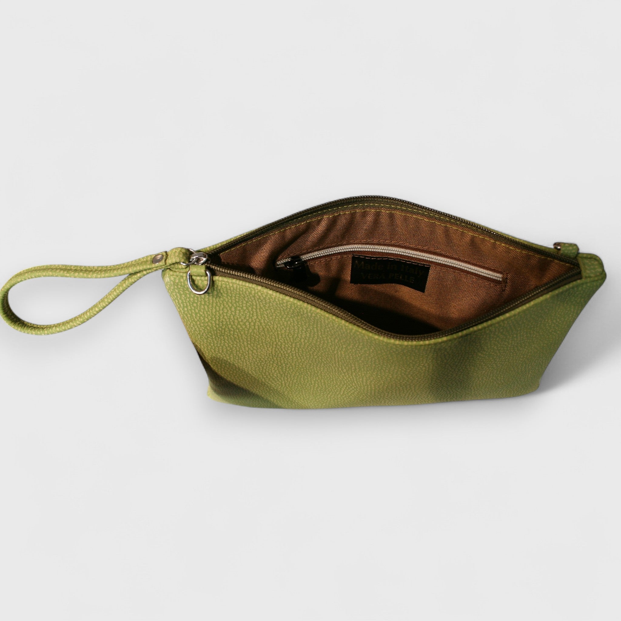 Pelletteria Pelle Nuda Milano, Artigianato Italiano, vera pelle, Negozio borse donna, Trousse Clara verde