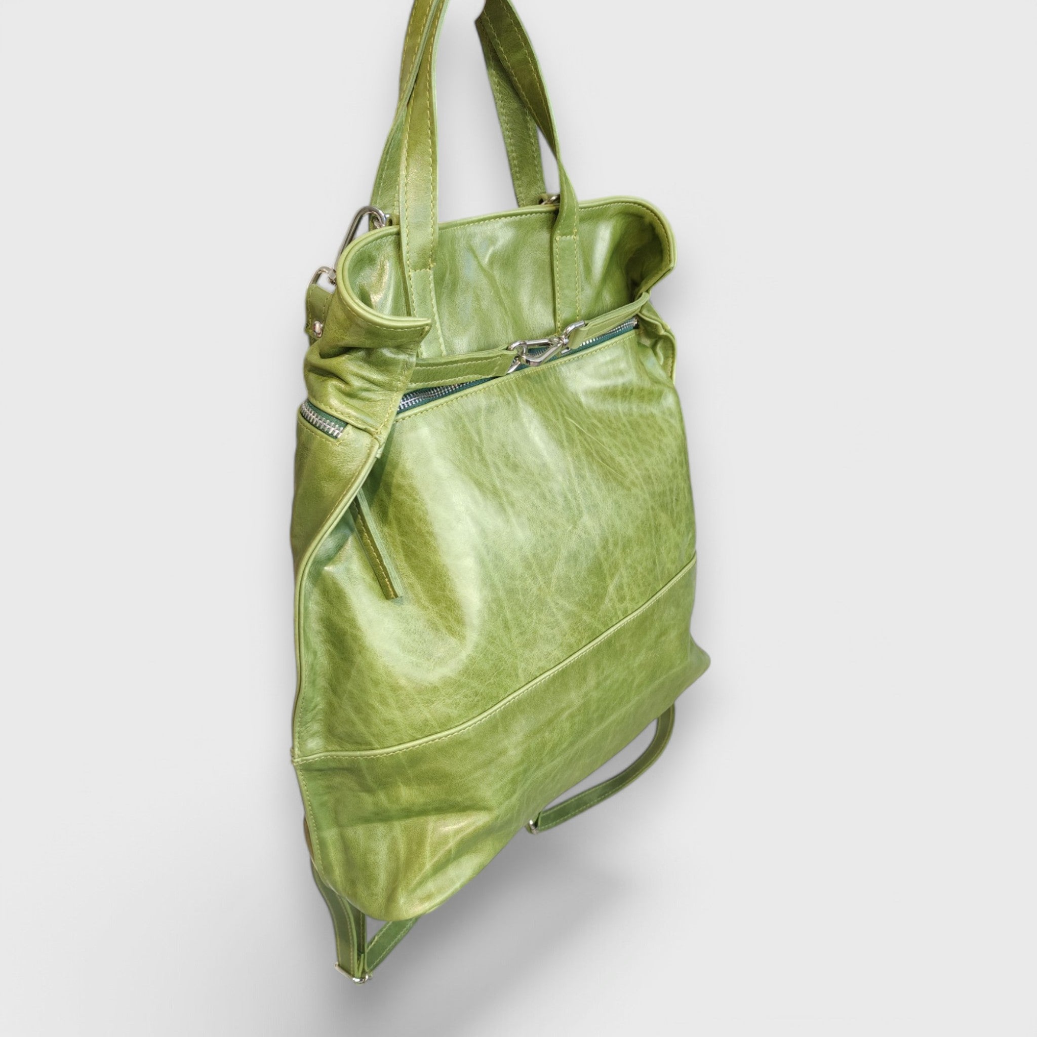 Pelletteria Pelle Nuda Milano, Artigianato Italiano, Vera pelle, Negozio borse donna, Zaino Angoli verde