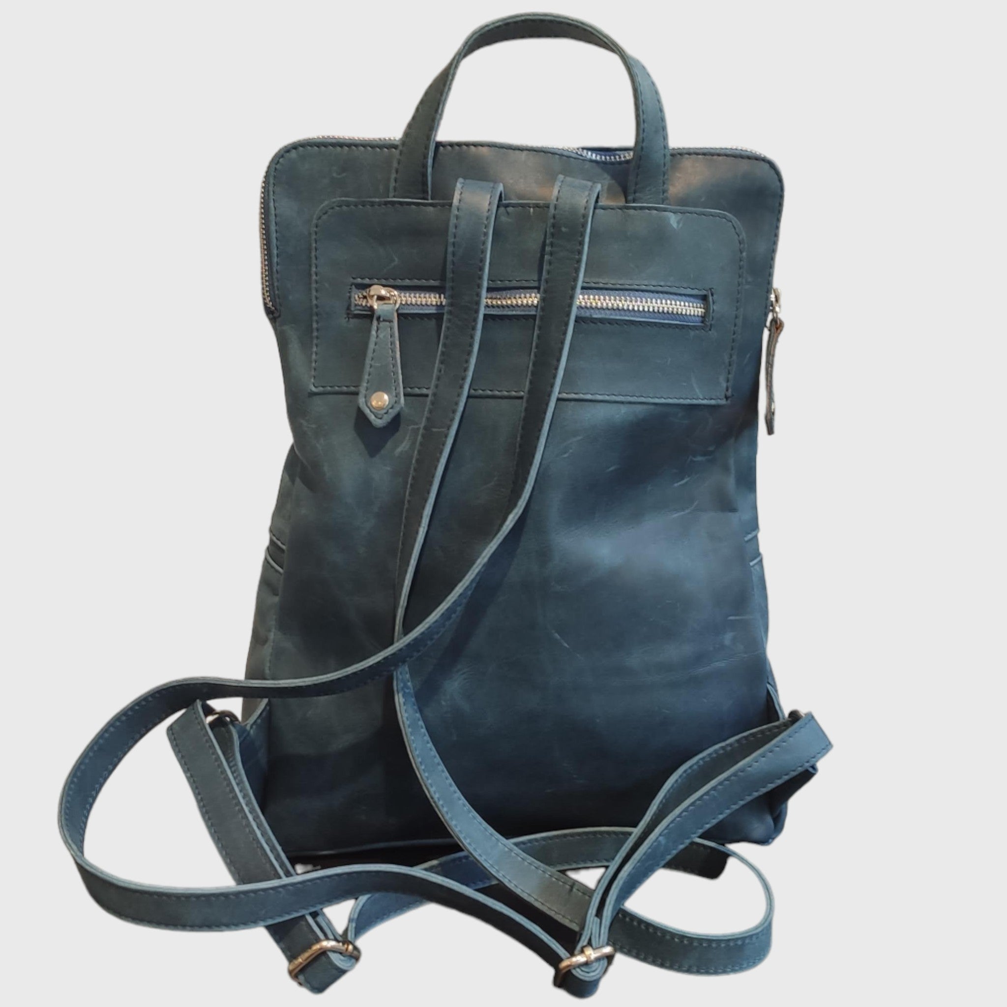 Zaino Genova blu, vera pelle, zaino uomo, zaino donna, Pelletteria Pelle Nuda Milano, artigianato italiano