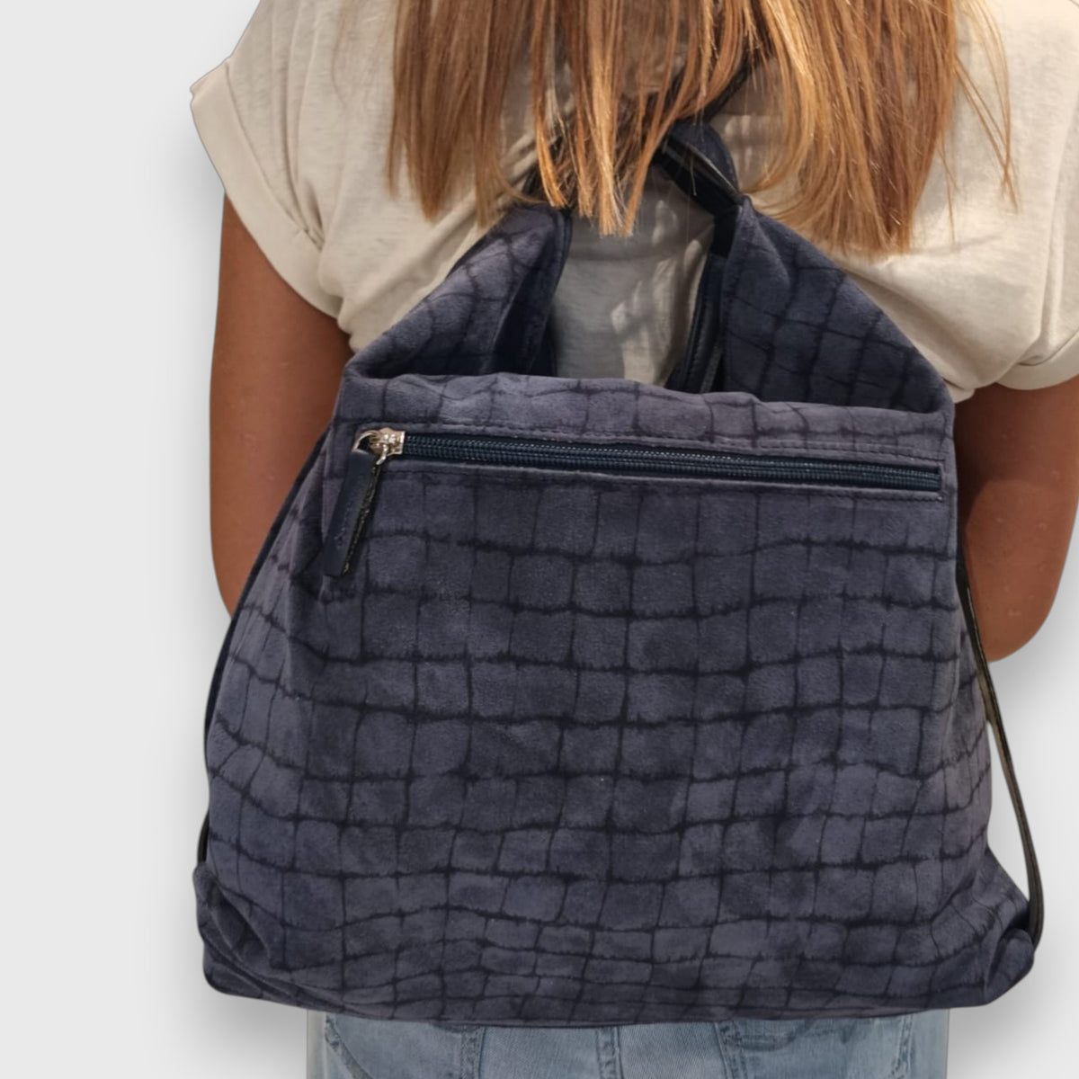 Pelletteria Pelle Nuda Milano, Vera pelle italiana, Negozio borse donna, Zaino Roma blu nabuk