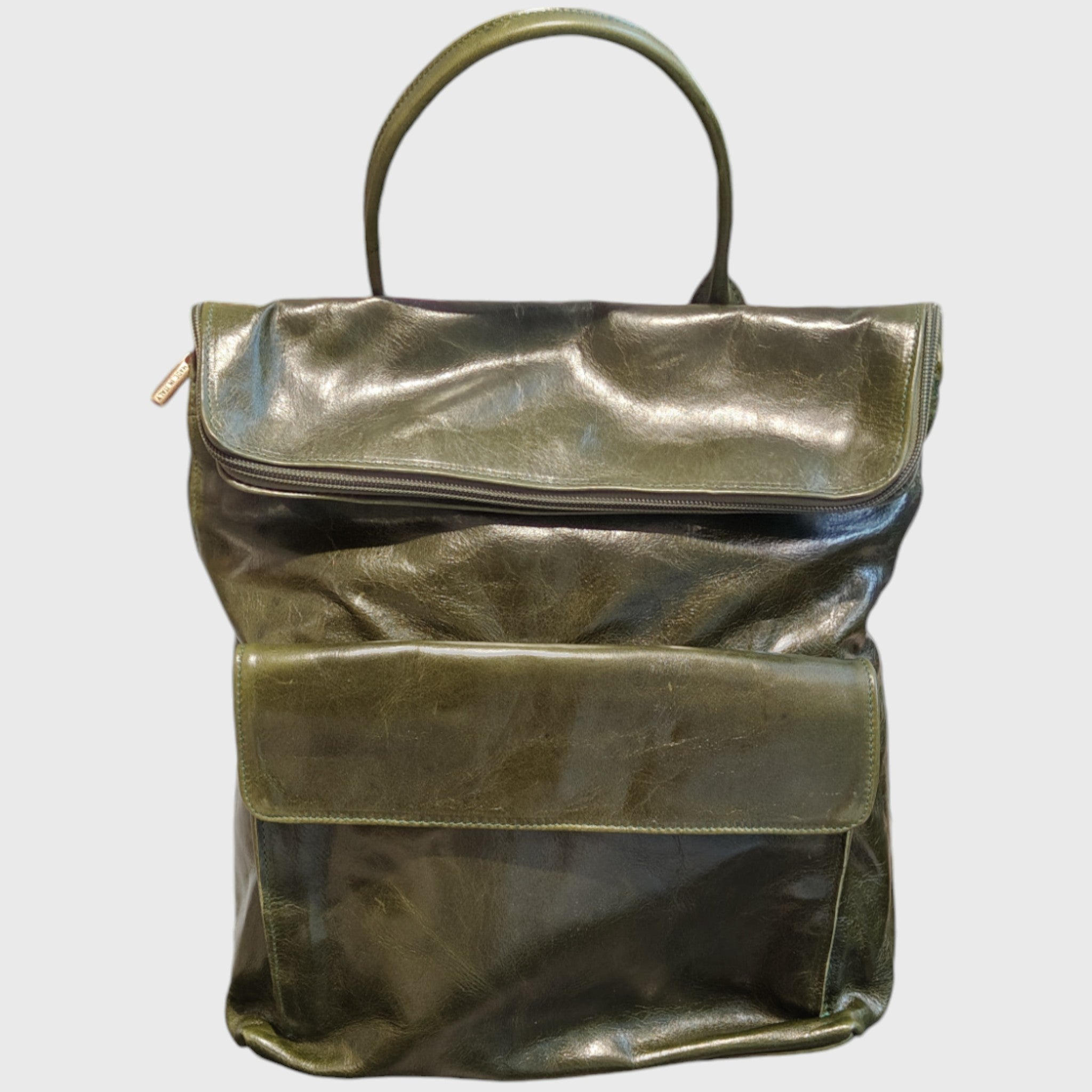 Pelletteria Pelle Nuda Milano, artigianato italiano, vera pelle, unisex, zaino cerniera verde