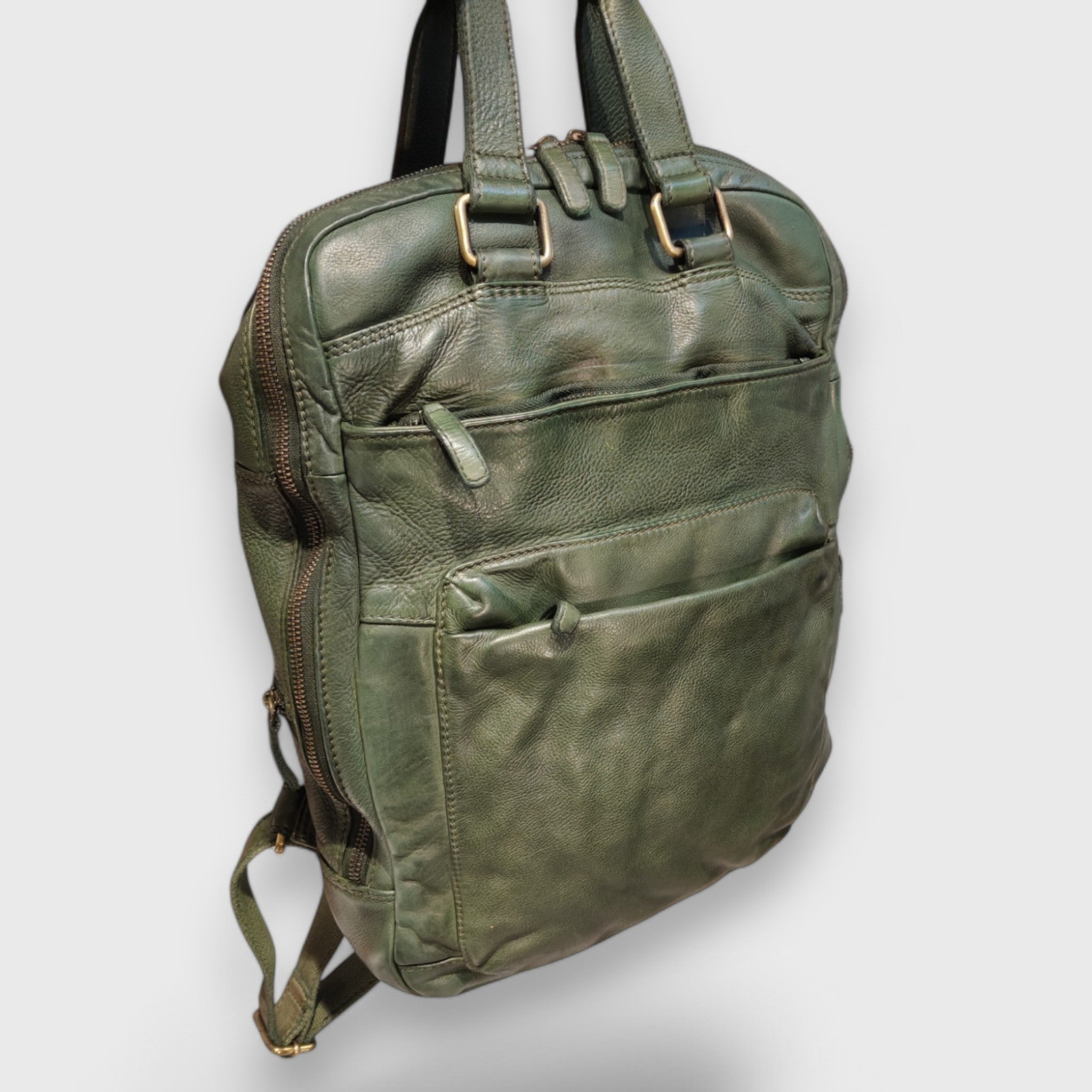 Pelletteria Pelle Nuda Milano, Artigianato Italiano, Vera pelle, Negozio borse donna, Zaino doppio verde