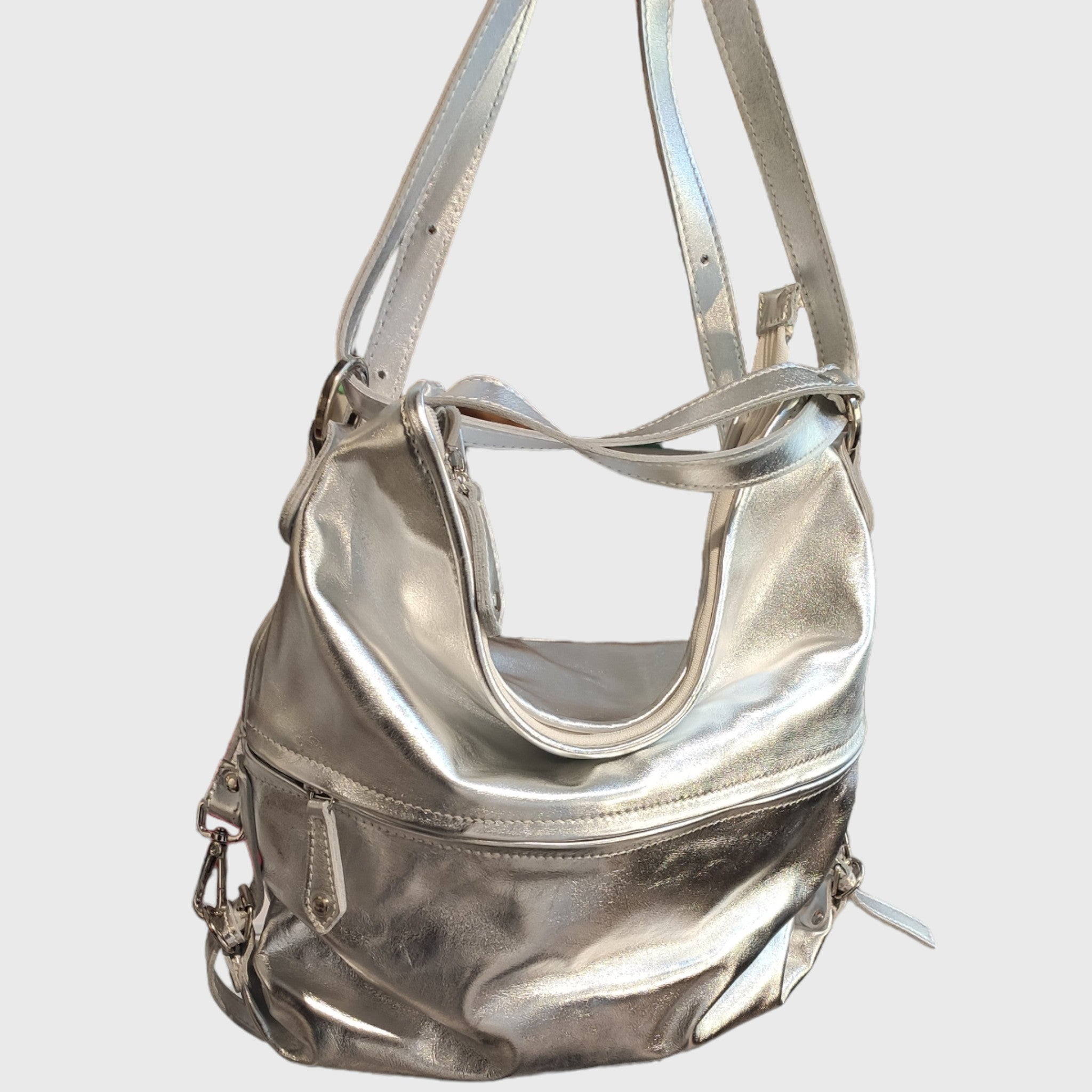Pelletteria Pelle Nuda Milano, Vera pelle, Artigianato italiano, borsa donna, borsa zaino argento
