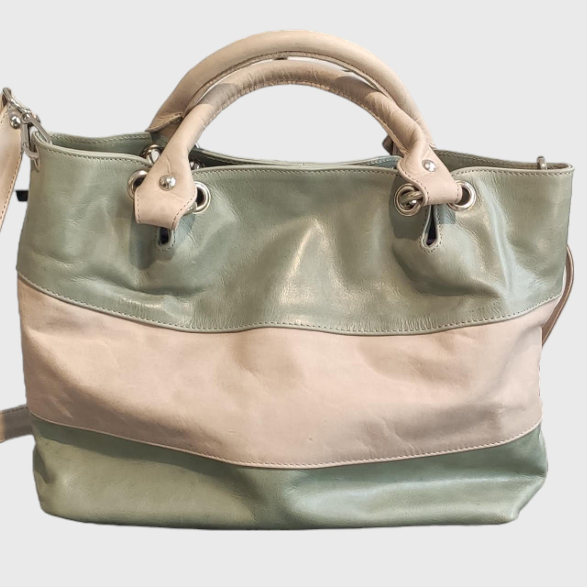 Pelletteria Pelle Nuda Milano, Artigianato italiano, Borsa donna, Vera pelle, tre fasce verde