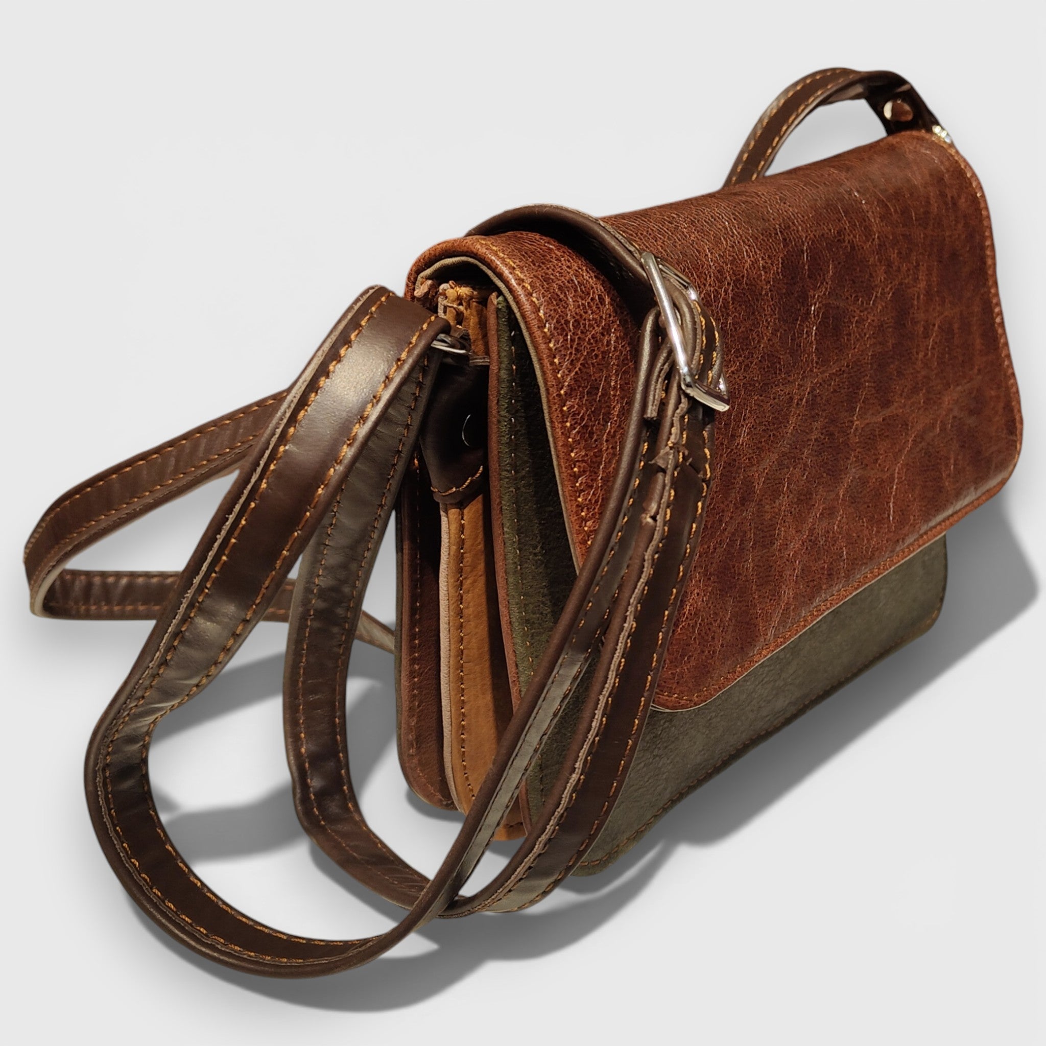 Pelle Nuda Milano, Artigianato Italiano, Vera pelle, Negozio Borse Donna, Tre soffietti marrone patchwork