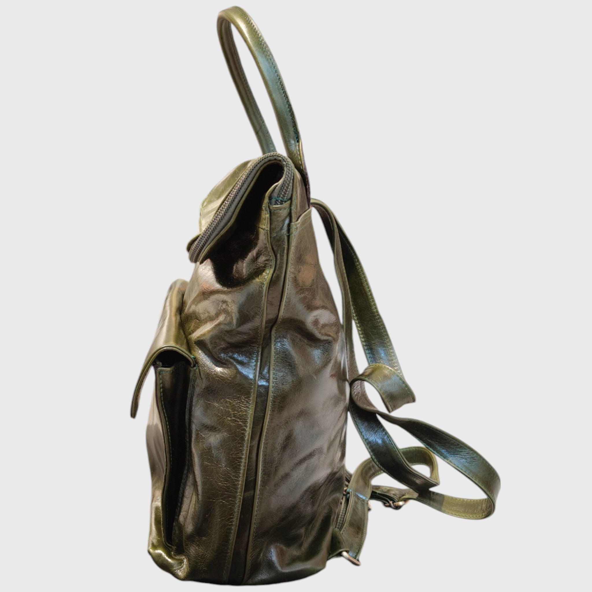 Pelletteria Pelle Nuda Milano, artigianato italiano, vera pelle, unisex, zaino cerniera verde