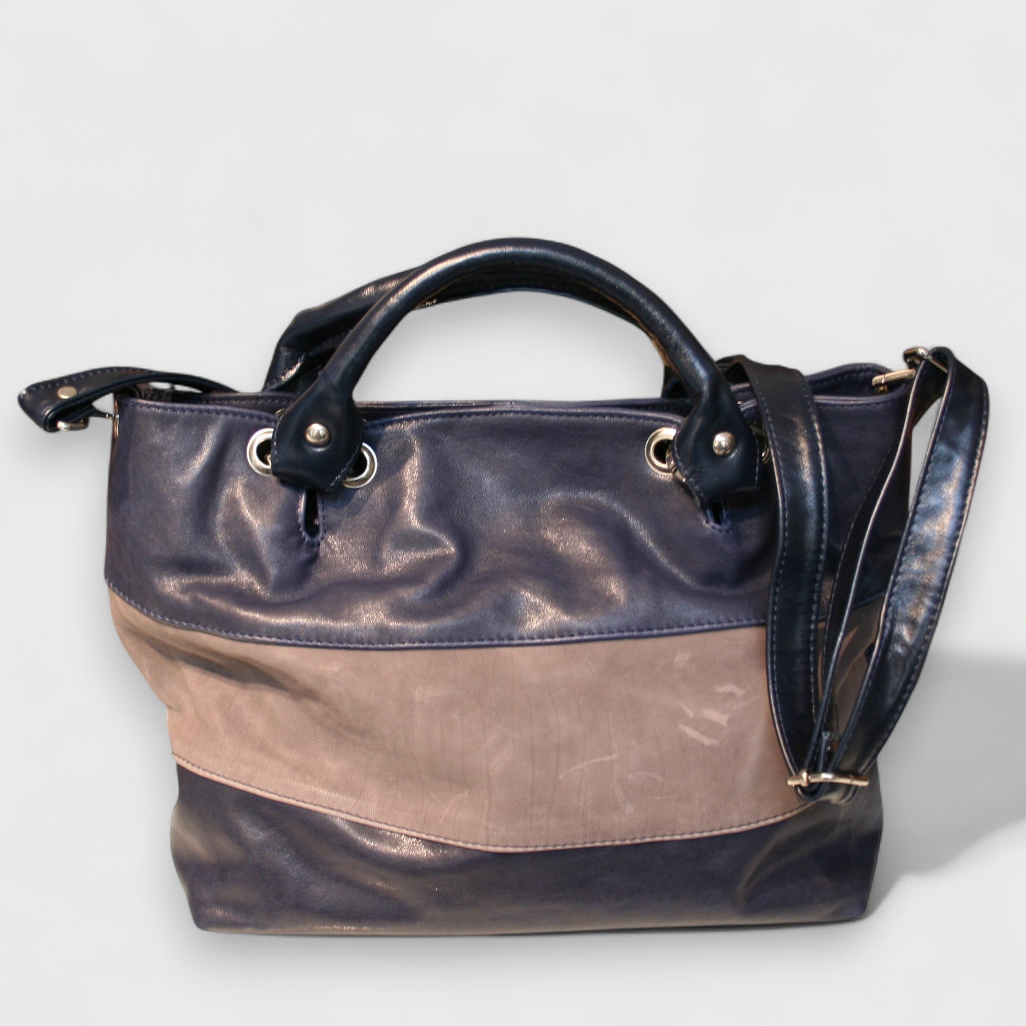 Pelletteria Pelle Nuda Milano, Artigianato Italiano, Vera pelle, Negozio borse donna, Tre fasce blu grigio