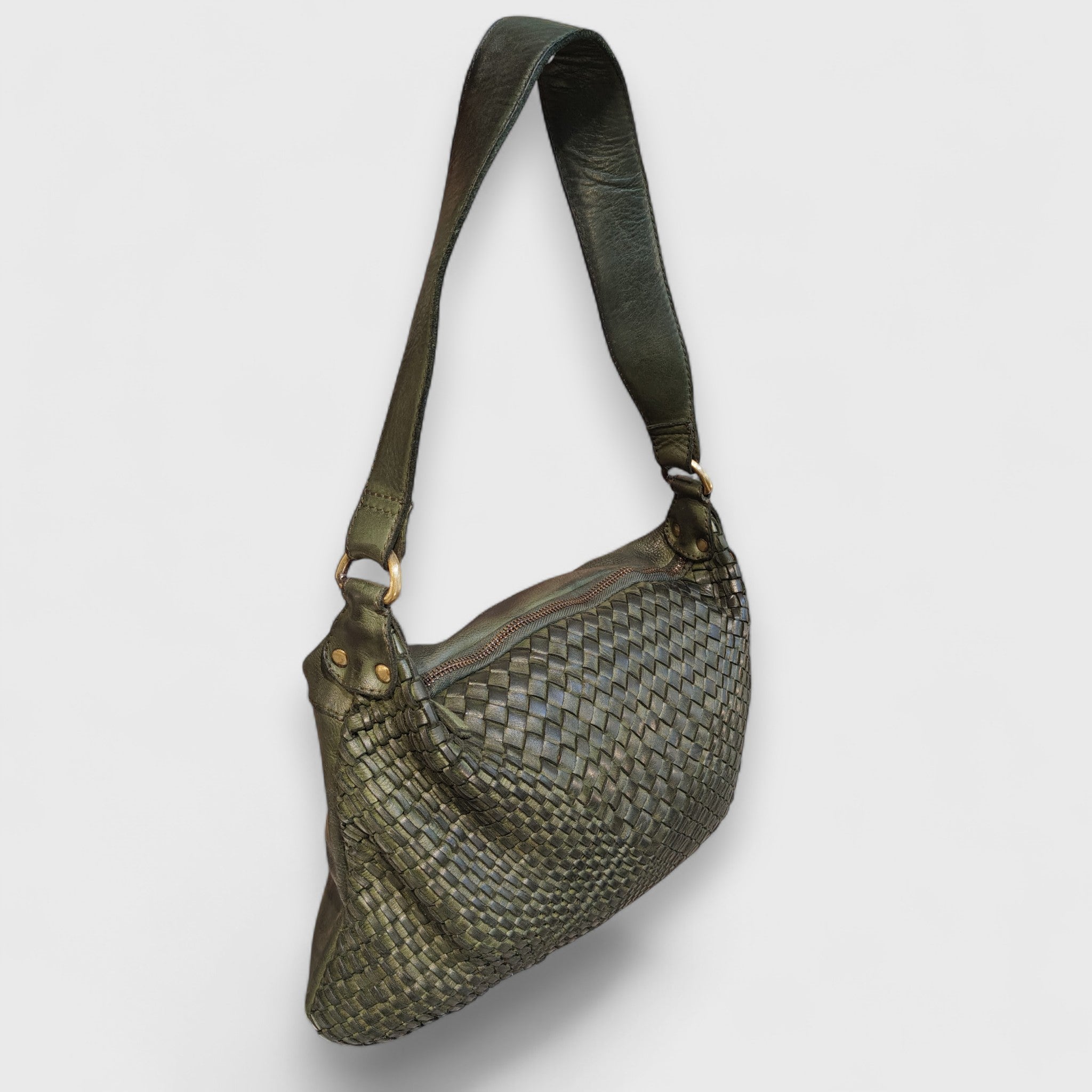 Pelletteria Pelle Nuda Milano, Artigianato Italiano, Vera pelle, Negozio borse donna, BIG Intrecciata verde