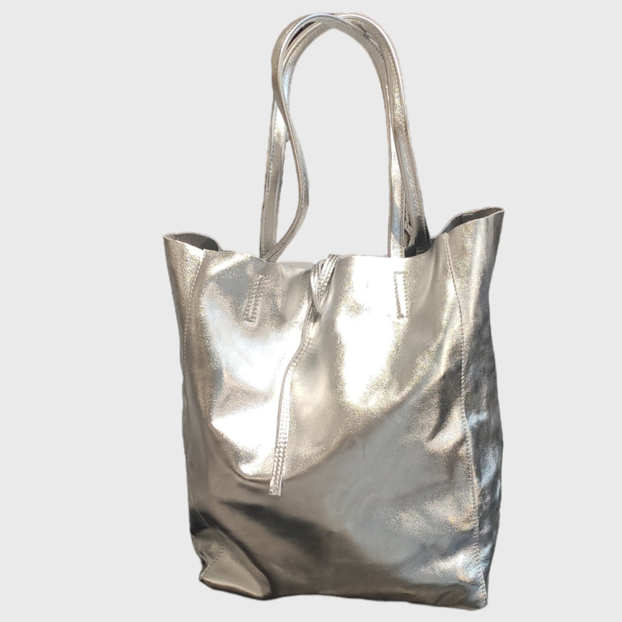 Pelletteria Pelle Nuda Milano, Borsa donna, artigianato italiano, Shopper Giulia argento, vera pelle