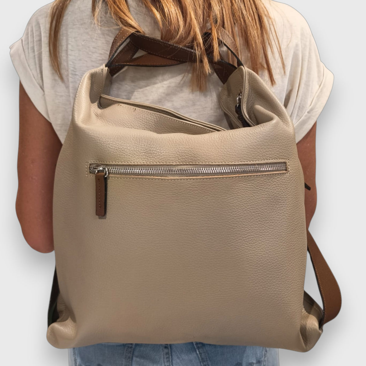 Pelletteria Pelle Nuda Milano, Vera pelle Italiana, Negozio borse donna, Zaino Roma beige