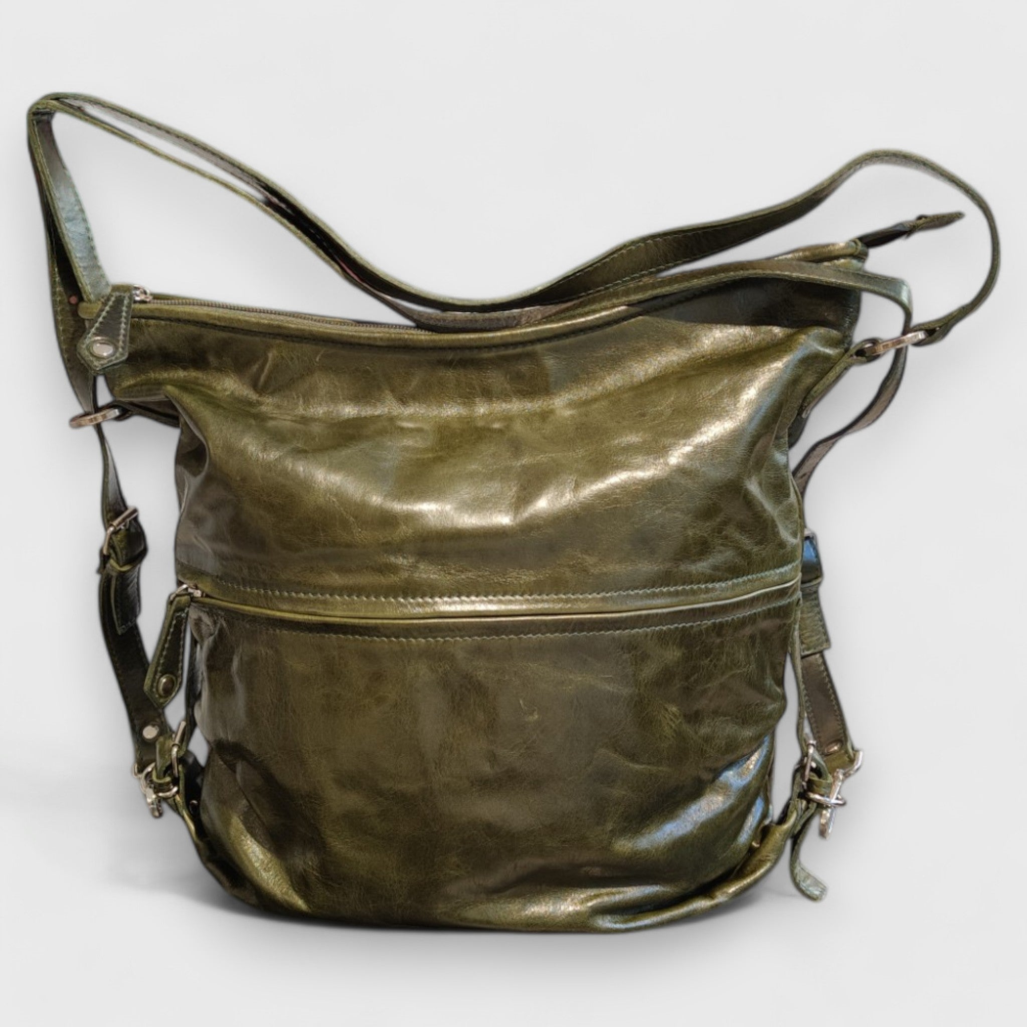 Pelletteria Pelle Nuda Milano, Artigianato Italiano, vera pelle, Borsa donna, Borsa zaino verde