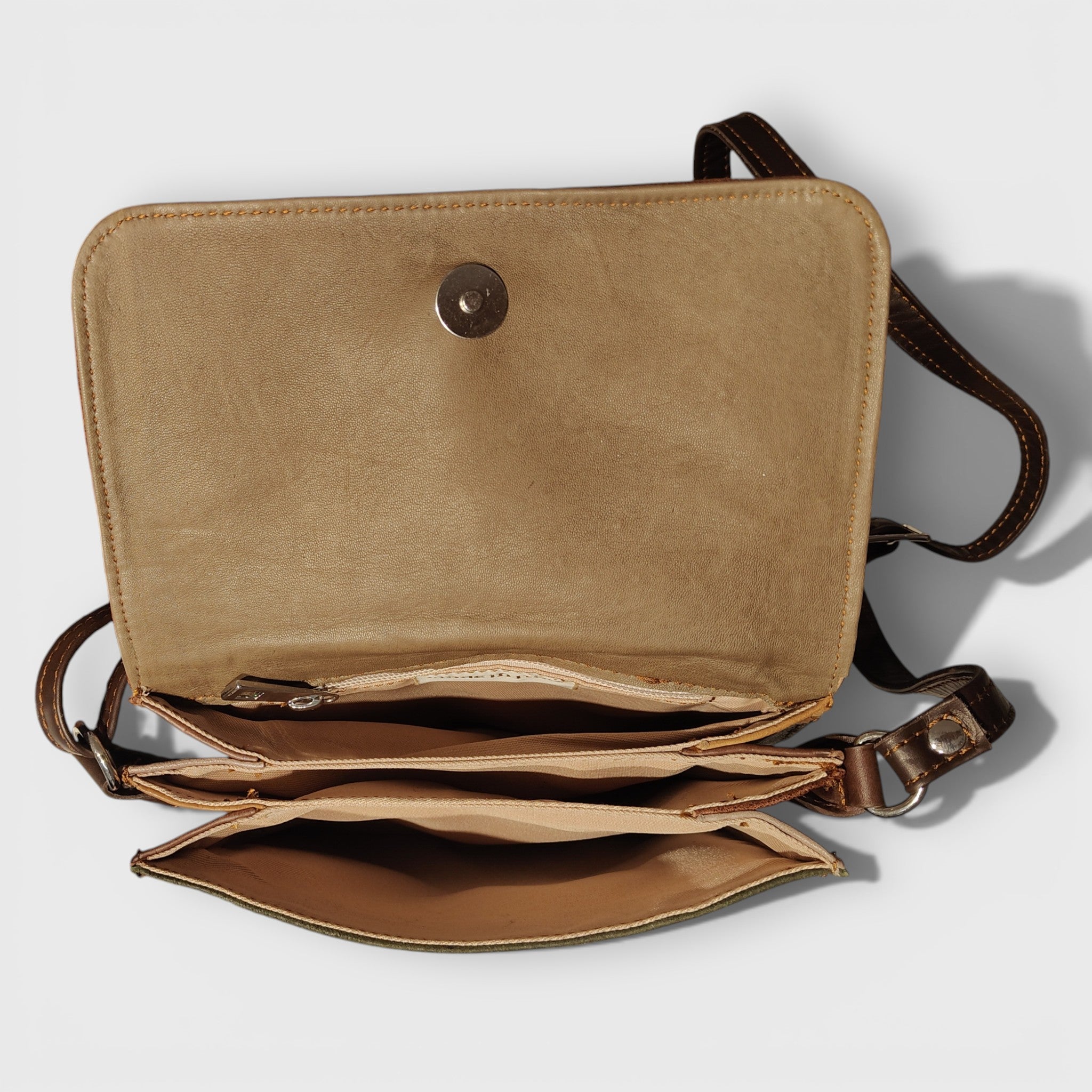 Pelle Nuda Milano, Artigianato Italiano, Vera pelle, Negozio Borse Donna, Tre soffietti marrone patchwork